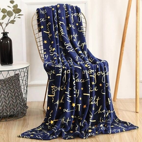 Peace Joy Soft Throw Blanket Blue Gold NEW - Picture 3 of 7